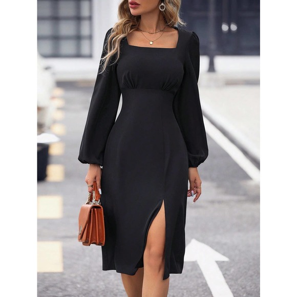 WILA Dresses & Skirts - Square Neck Lantern long Sleeve Split Thigh midi Dress black